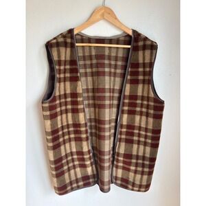 Vintage Berco Minneapolis Plaid Fleece Vest Liner Brown Tan Burgundy Size 40 Reg